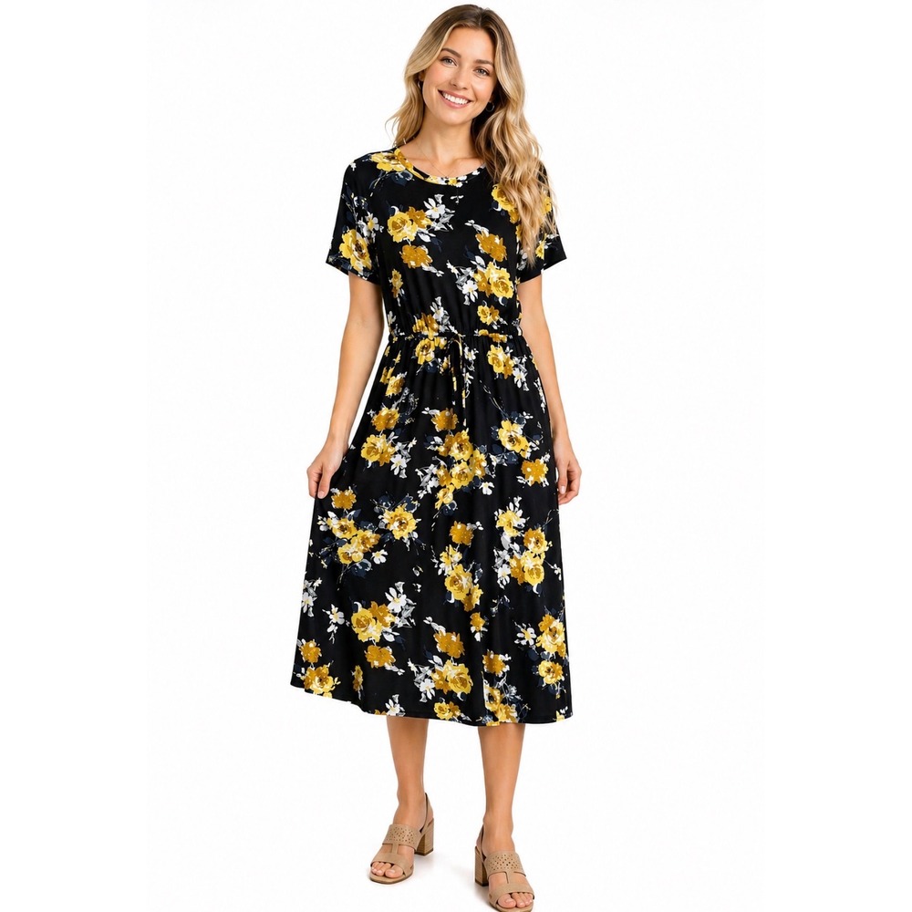 NWT Simier Fanny Women's Medium Black Yellow Floral Midi Dress Elastic Waist